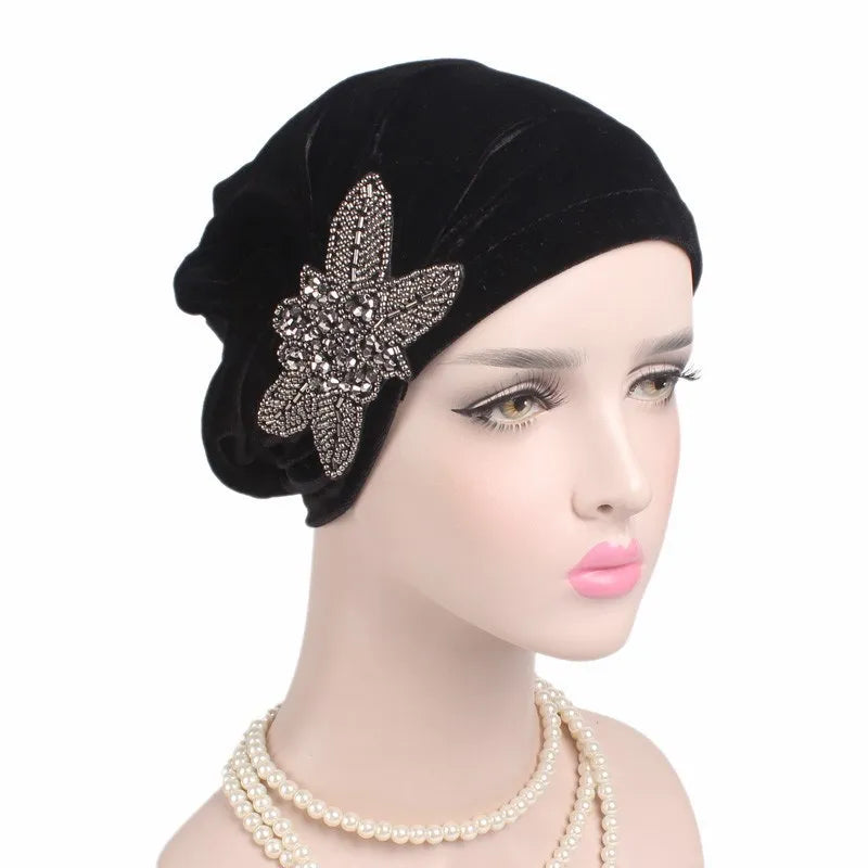 New Jewelry Velvet Turban Caps Muslim Rhinestone Hijab Scarf Bonnet Women Headband Turbans Islamic Wrap Head Scarves