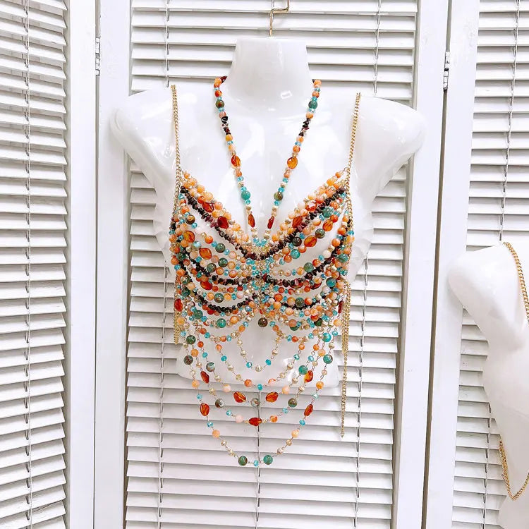 GACVGA Beading Body Chain Halter Camisole Vest Hollow Out Tank Top Body Jewelry Bustier Fashion Bra Women Beach Club Crop Top