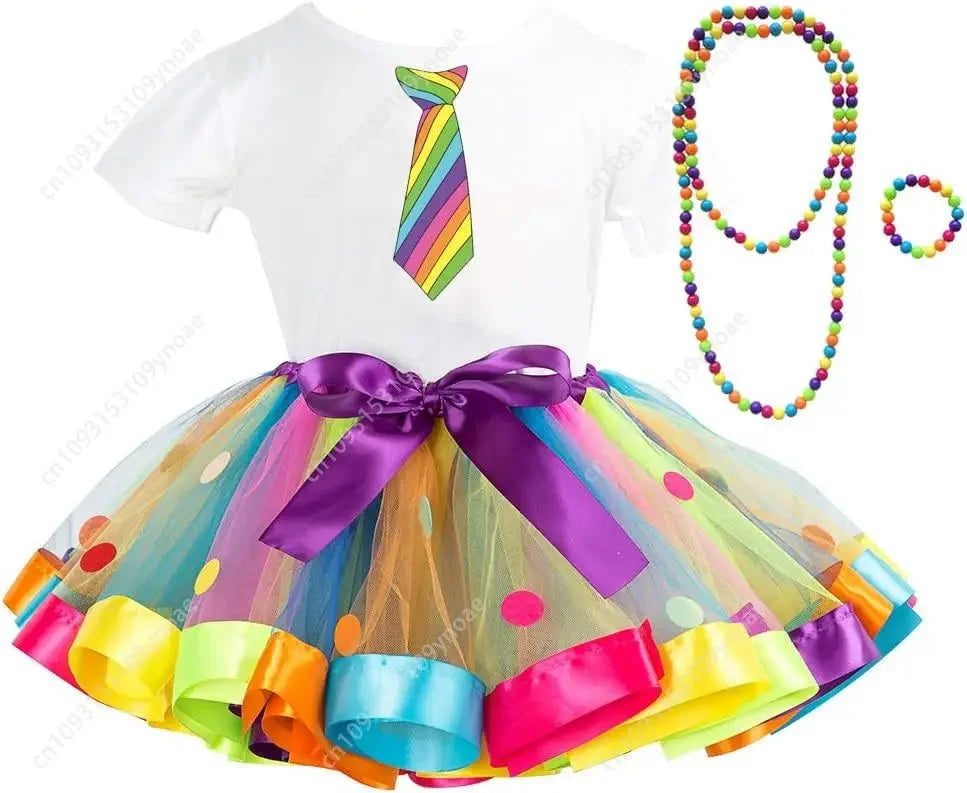 Cake Skirt 2 Piece Set Cute Women Teenager Tutu Skirt Cotton Short Sleeve Top Rainbow Polka Dot Ballet Skirts Necklace Bracelet