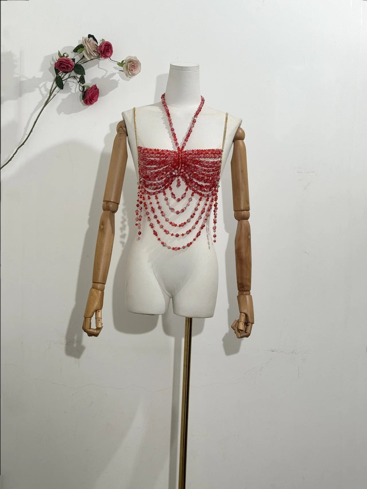 H80&S90 Sexy Women Handmade Body Chain Fashion Jewelry Bikini Bra Beaded Halter Romantic Tank Top Beahwear See Through Lingeie