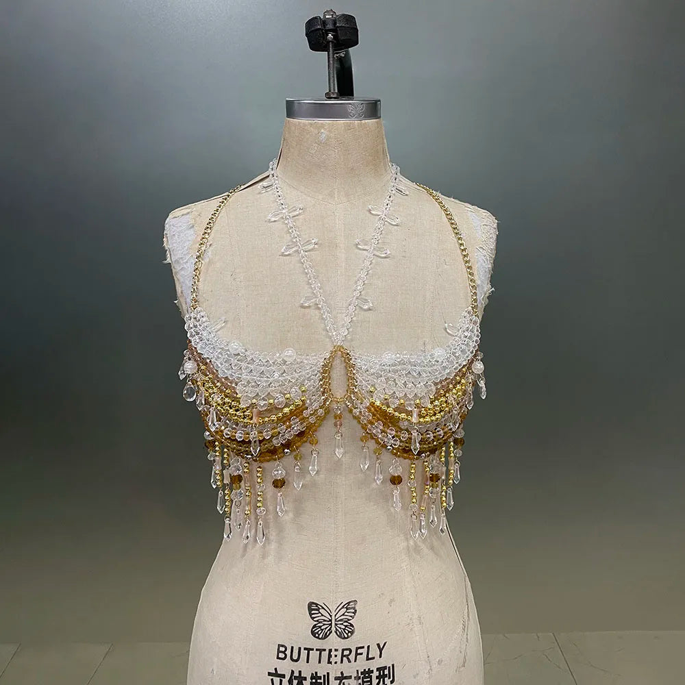 XYMY Handmade Bra Crystal Suspender Transparent Hollow Tassel Jewelry Top Sexy Woman Beach Yacht Birthday Party Body Chain
