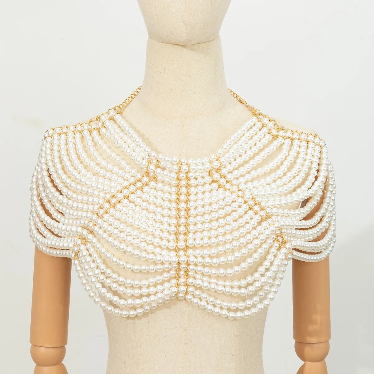 Luxury Ivory Plastic Pearls Woven Camisole Breast Chain Gown Dress Pearls Shoulder Chain Jewelry Party Night Clubwear Body Chain