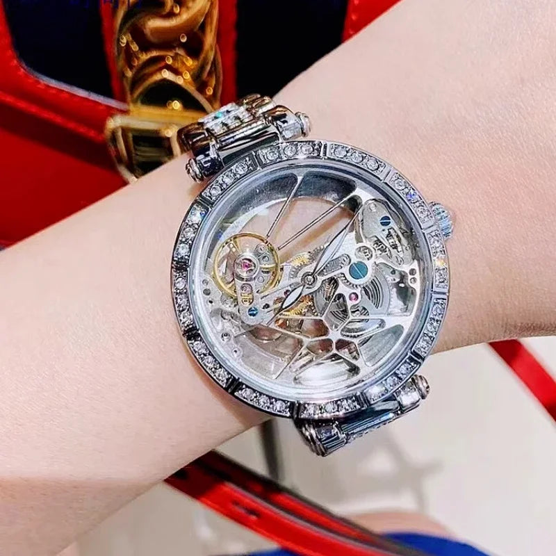 Transparent hollow niche rhinestone cool tourbillon fully automatic mechanical women's watch