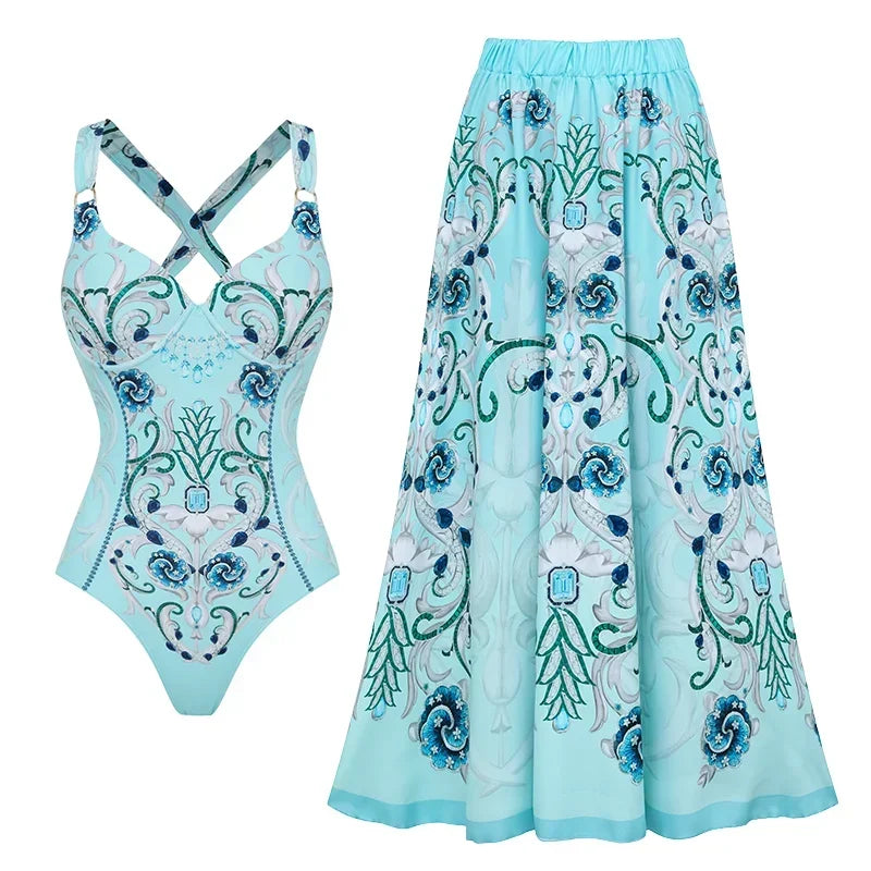 Flaxmaker Blue Jewelry Pattern Print Swimsuit and Sarong Flaxmaker  Bathing Suit two-pieces