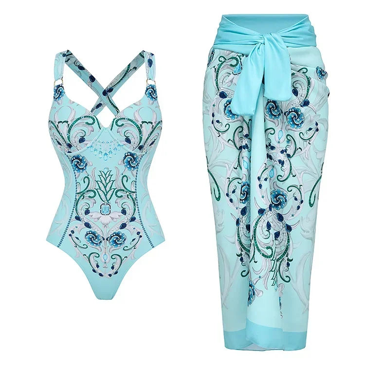 Flaxmaker Blue Jewelry Pattern Print Swimsuit and Sarong Flaxmaker  Bathing Suit two-pieces