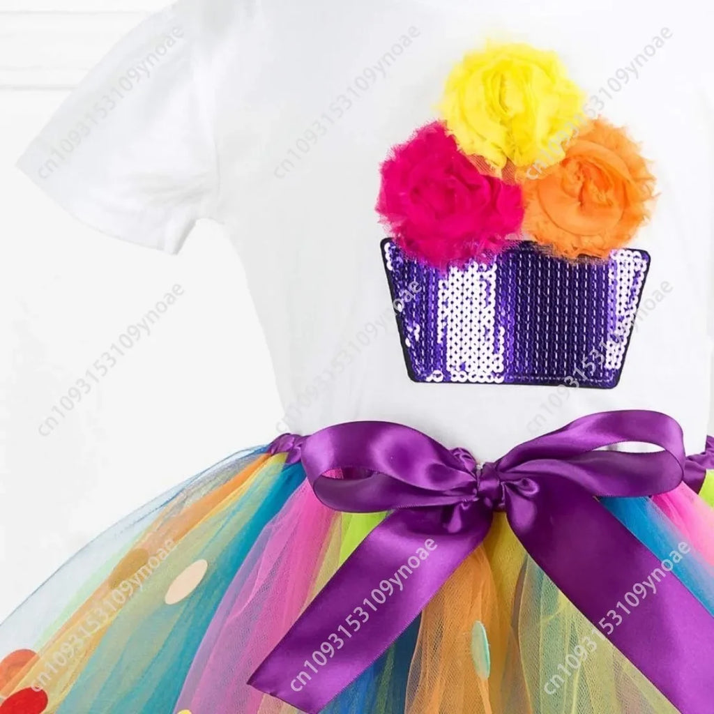 Cake Skirt 2 Piece Set Cute Women Teenager Tutu Skirt Cotton Short Sleeve Top Rainbow Polka Dot Ballet Skirts Necklace Bracelet