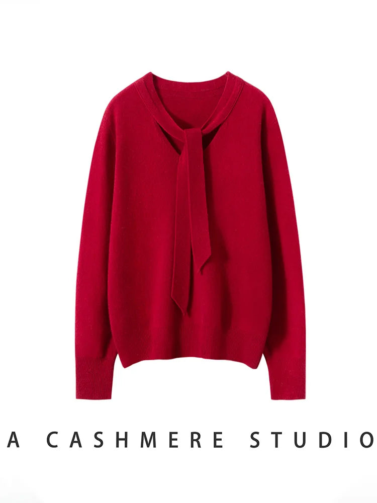 Women 100% Cashmere Sweater Ribbon V-neck Design Pullovers Autumn Winter French Retro Style Soft Knitwear Clothing Tops High-end