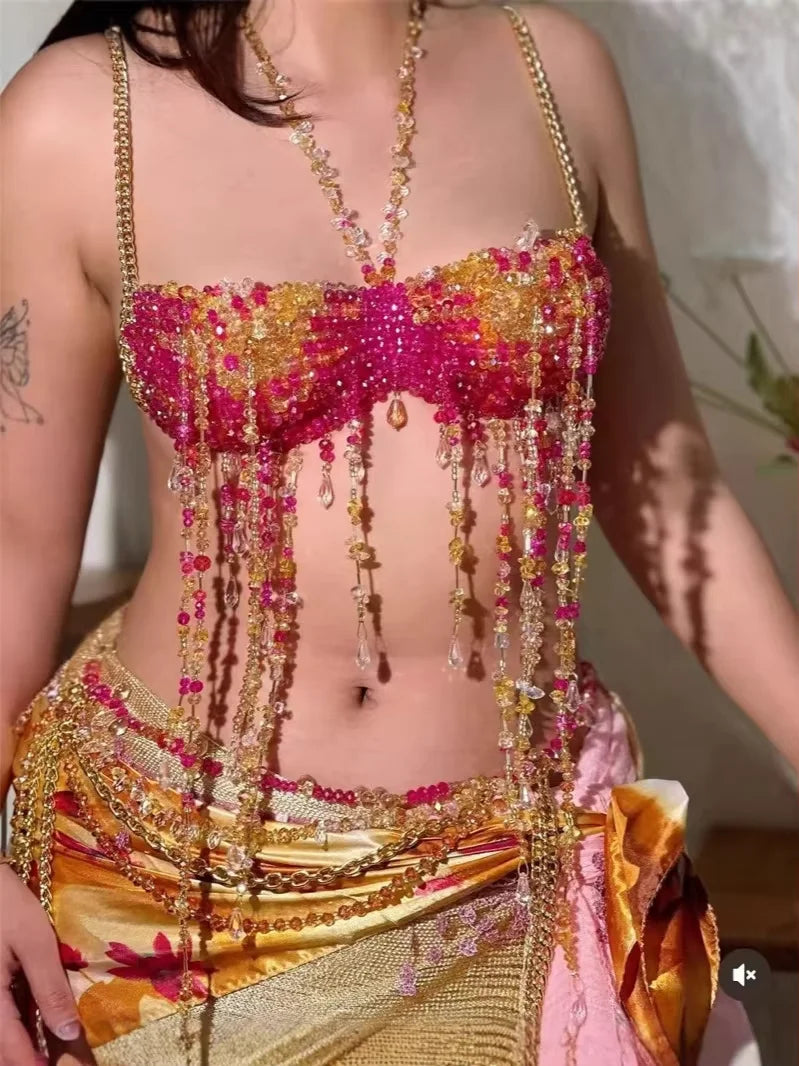 New Handmade Colorful Beaded Tassel Body Chain Hanging Neck Outwear Top Tide Chest Jewelry Women With Bra Chain