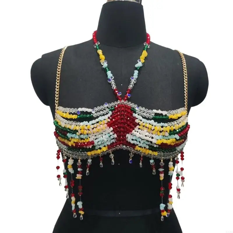 Exotic Colorful Beads Tassels Crop Top Halter Body Jewelry Chest Chain 6XDA