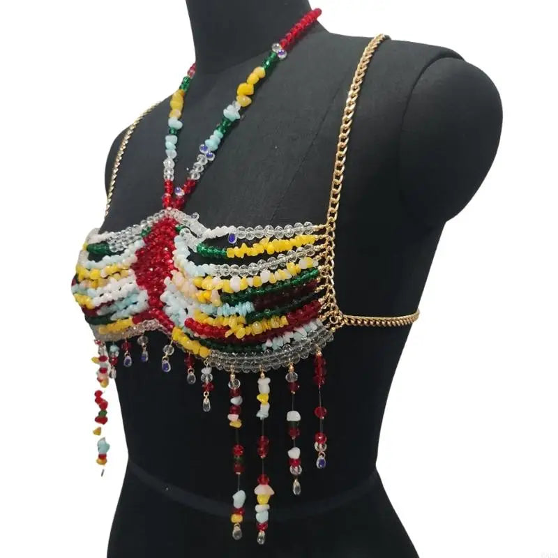 Exotic Colorful Beads Tassels Crop Top Halter Body Jewelry Chest Chain 6XDA