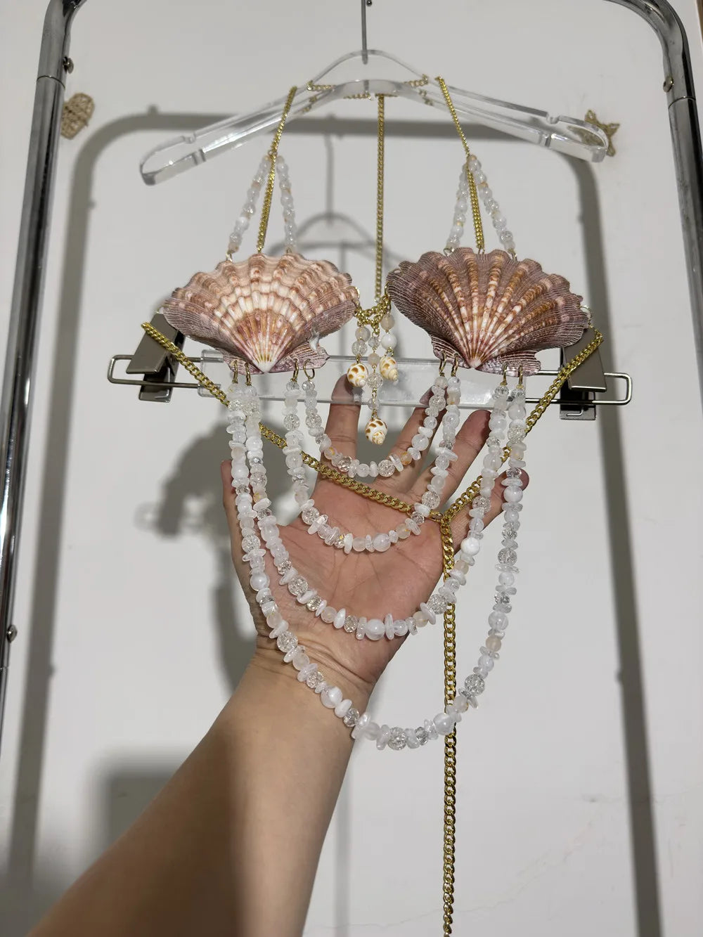 Y2K Adjustable Harness Crop Top Backless Seashell Bikini Top Bra Beach Jewelry Top Mermaid Shell Body Chain Bralette