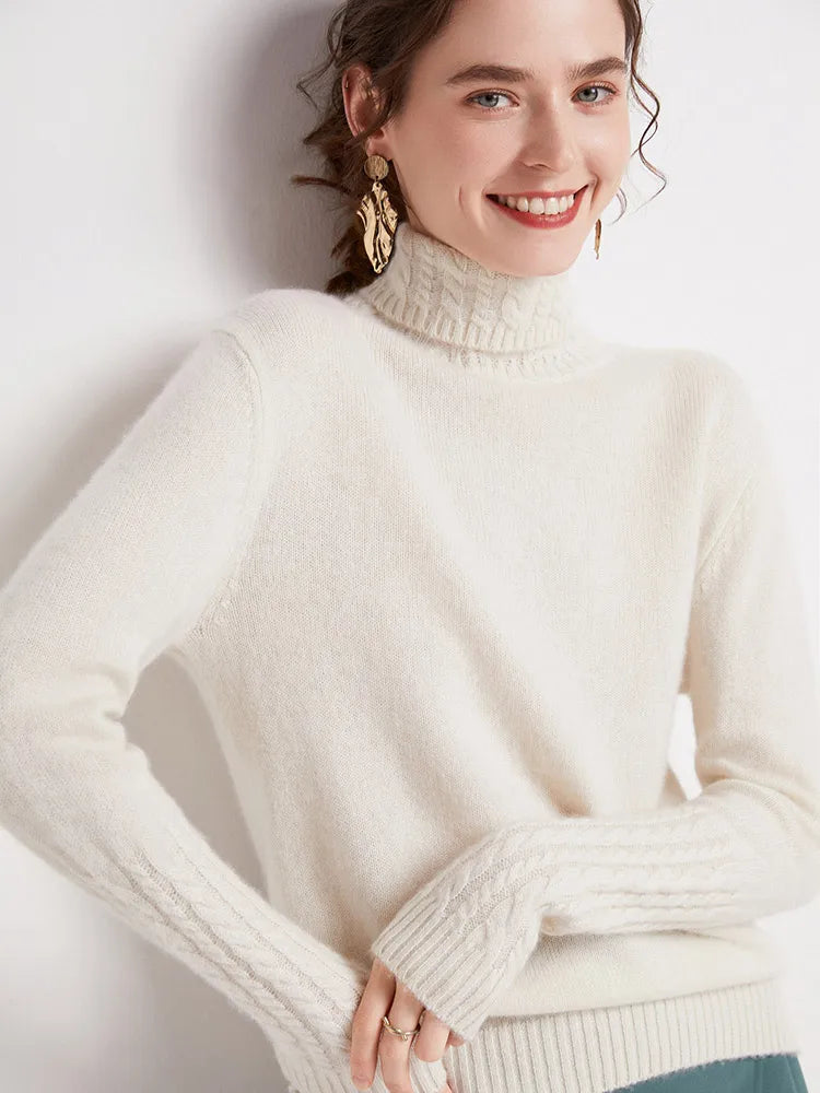 Autumn Winter 100% Merino Wool Sweater Women Turtleneck Twist Flower Sleeve Pullover Basics Warm Knitwear Cashmere Clothing Tops