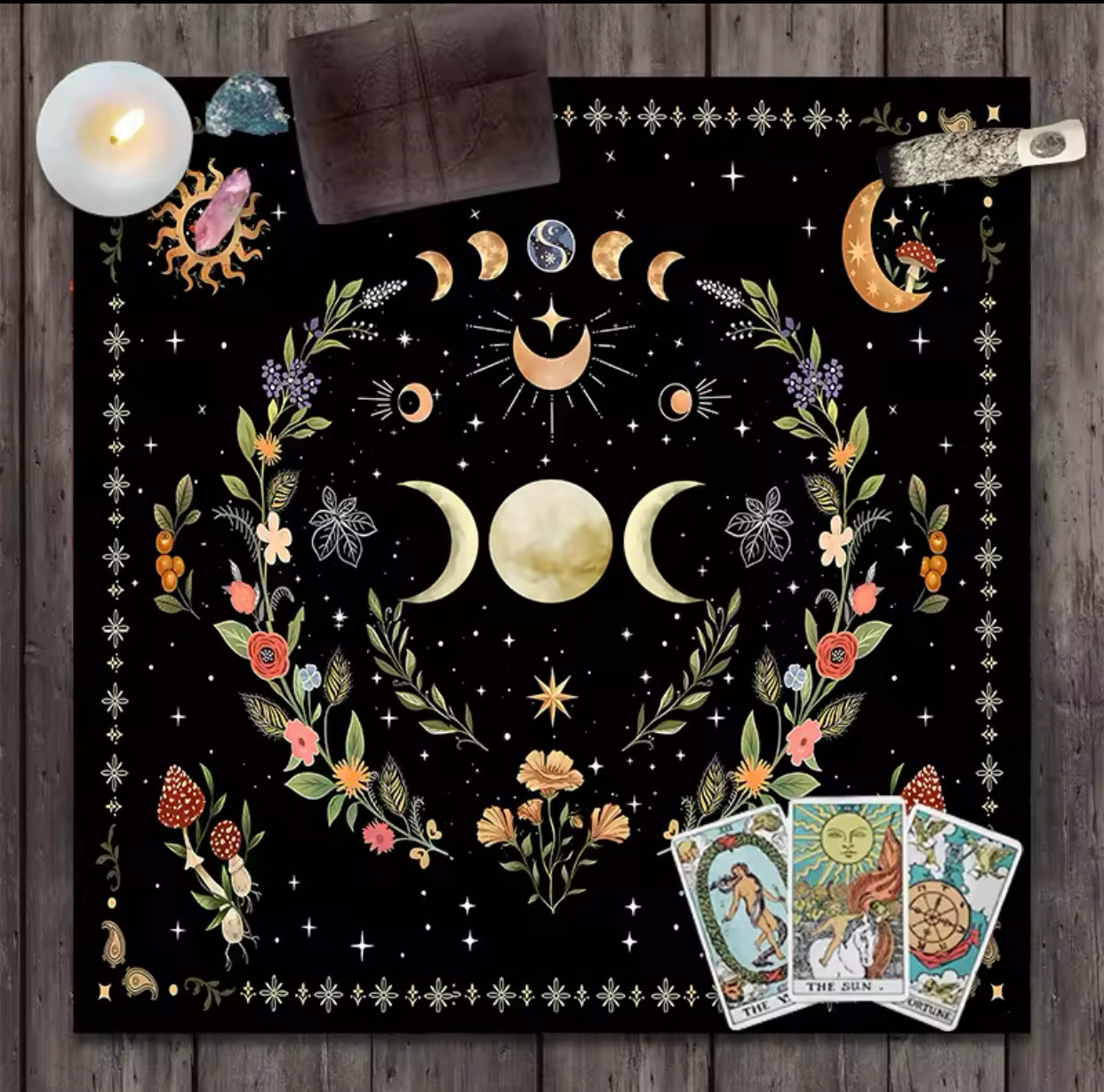 Triple Moon Floral Botanical Tarot Cloth Alter Tarot Table Cloth Wiccan Spread Top Cloth Spiritual Witchery Table for Divination