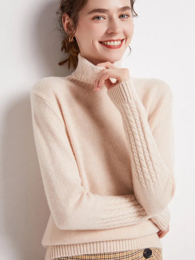 Autumn Winter 100% Merino Wool Sweater Women Turtleneck Twist Flower Sleeve Pullover Basics Warm Knitwear Cashmere Clothing Tops