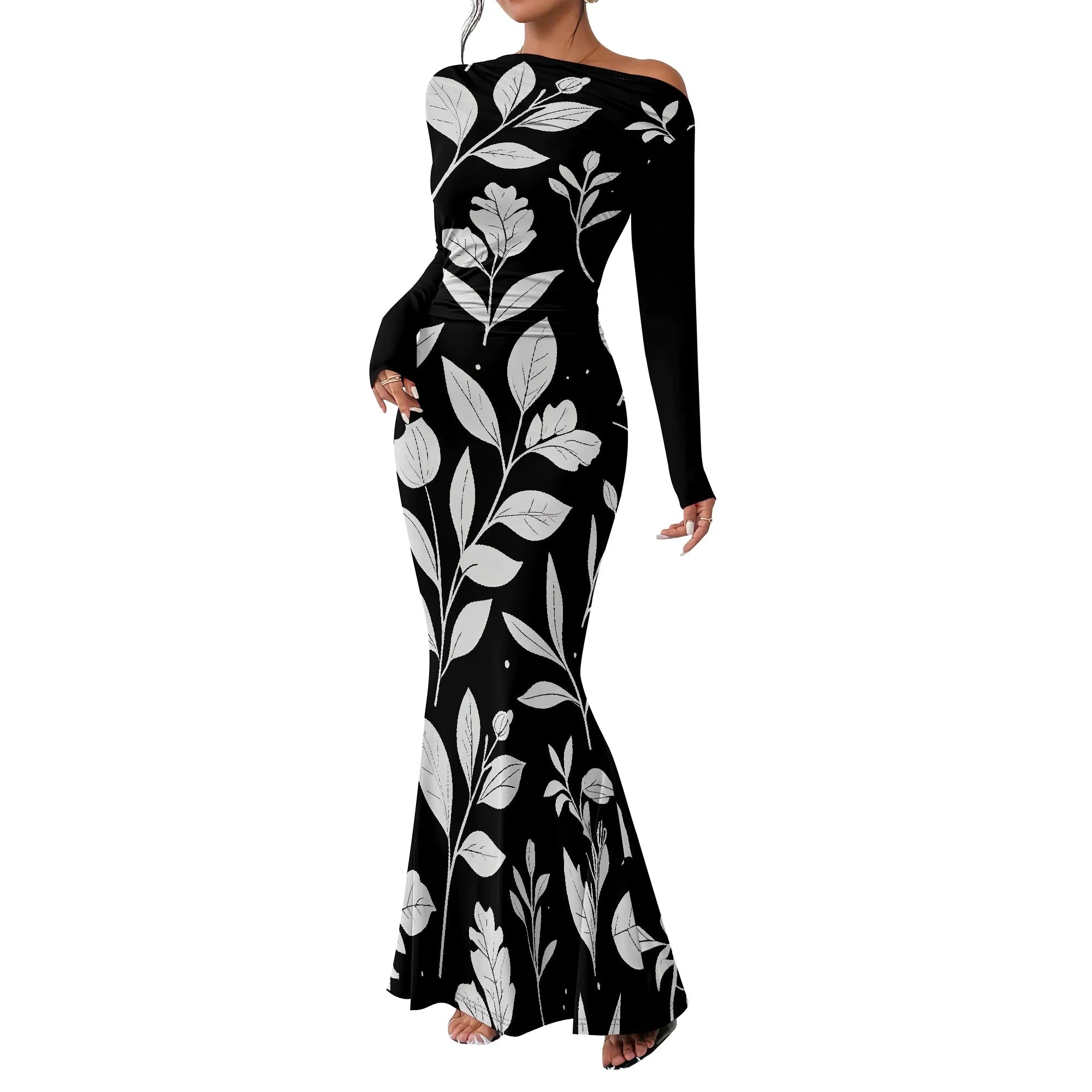 Women's  Casual Long Dresses Off Shoulder Long Sleeve Dress