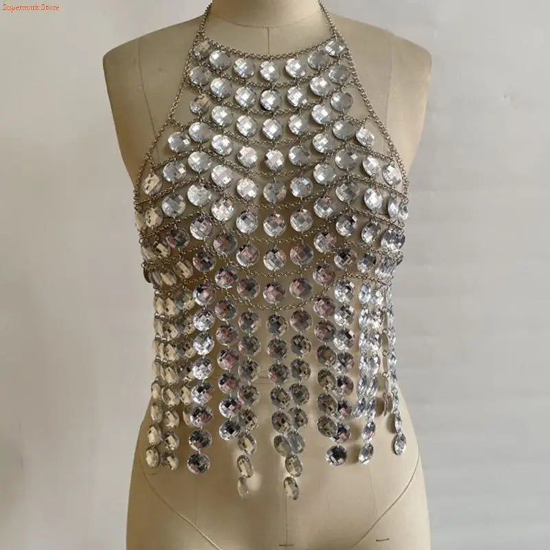 Q5WE Layered Acrylic Crystal Tassels Chest Chain Halterneck Crop Top Nightclub Body Jewelry Backless Camisole for Women