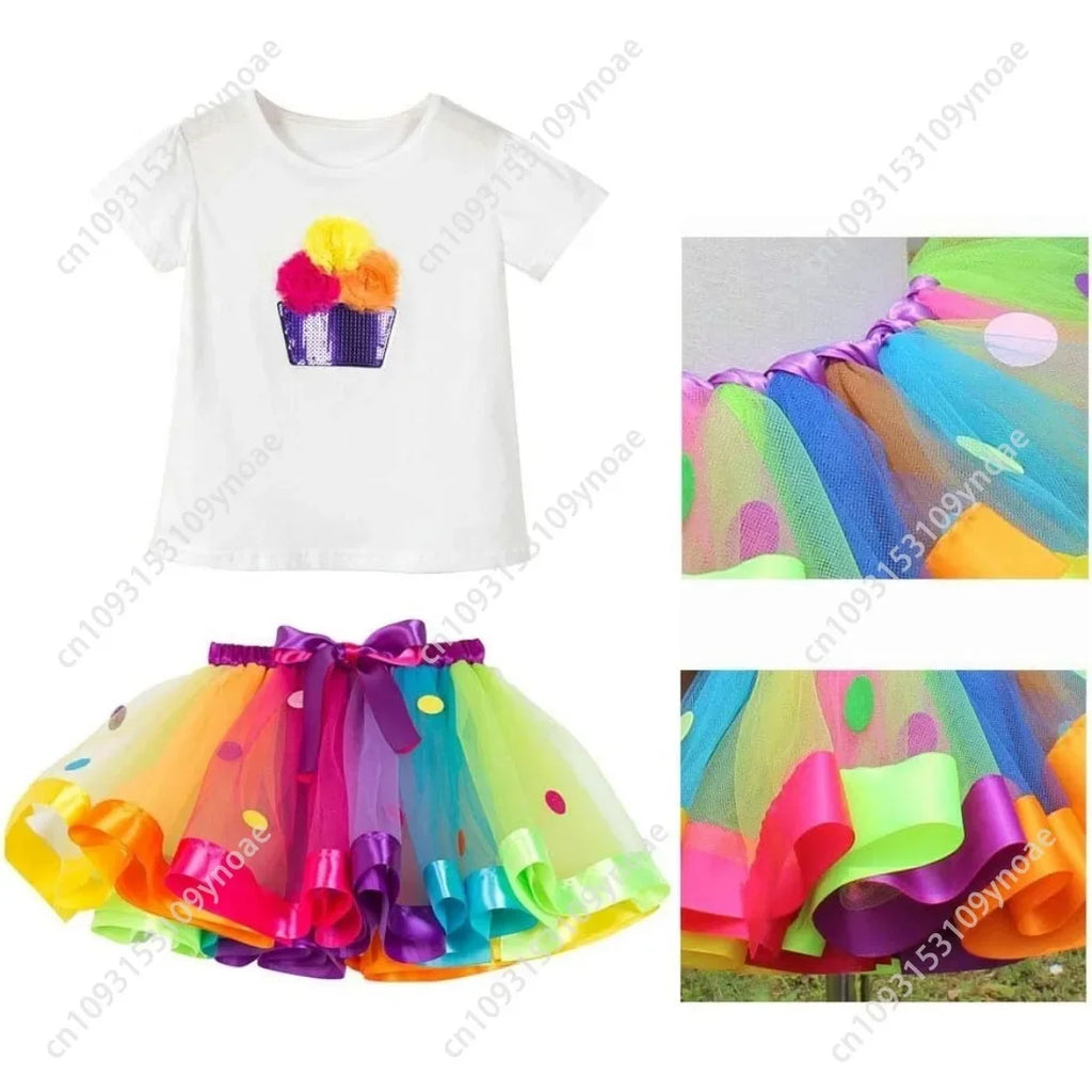 Cake Skirt 2 Piece Set Cute Women Teenager Tutu Skirt Cotton Short Sleeve Top Rainbow Polka Dot Ballet Skirts Necklace Bracelet