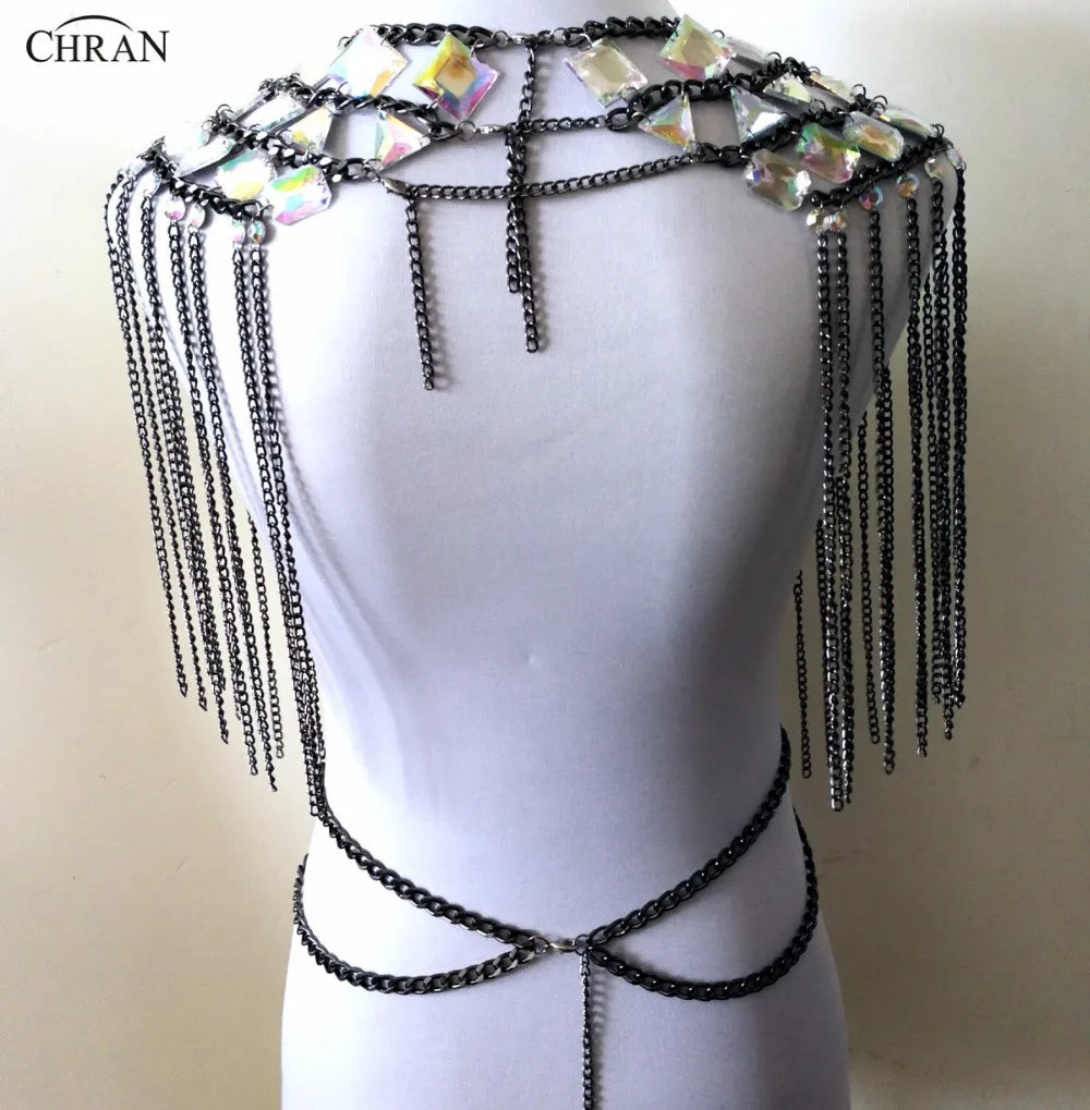 Black Gem Bead Crop Top Chain Rave Bra Chain Shoulder Necklace Ibiza Sonar Wear EDM Outfit Body Jewelry Chain Tank Tops