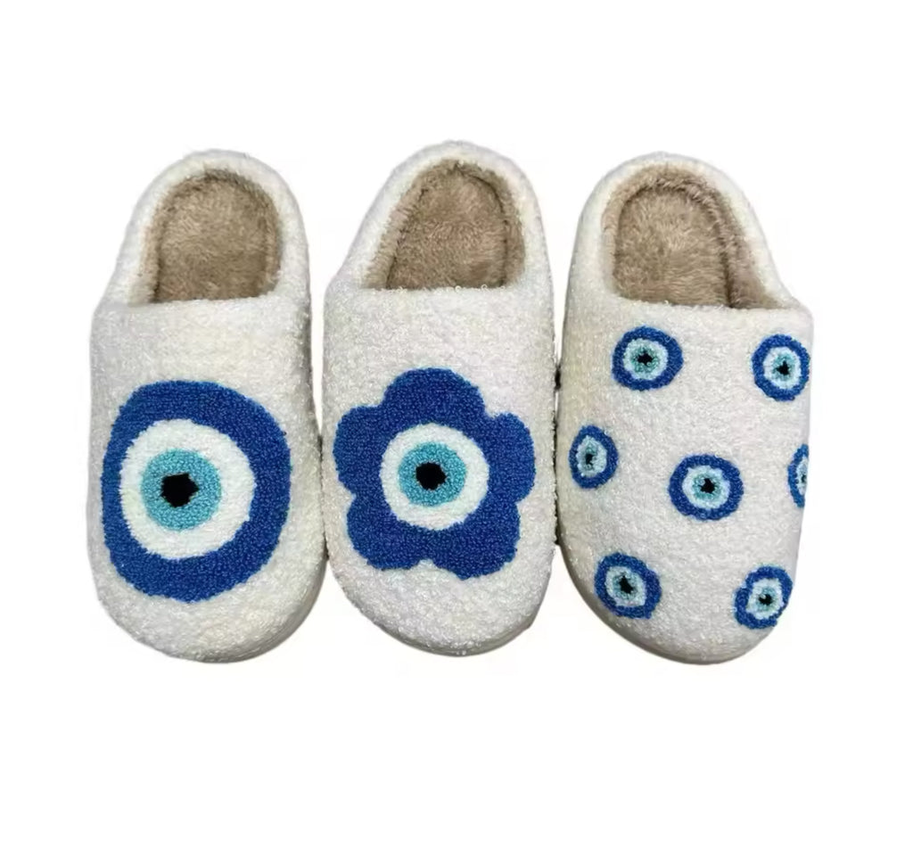 Blue small evil eyes dolt Winter or Summer Plush Slippers  Warm Slipper Fashion Cozy Shoes
