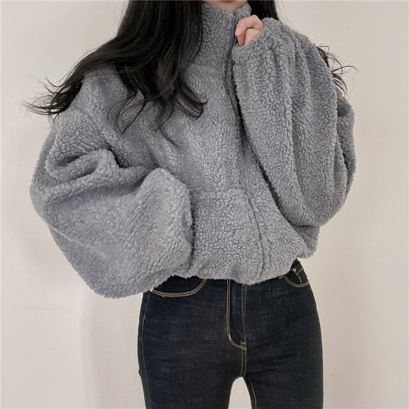 Women's Short Hoodie Sweatshirt Thickened Fleece Stand Collar Loose Fit Autumn Winter Casual Style Zipper Cardigan Coat