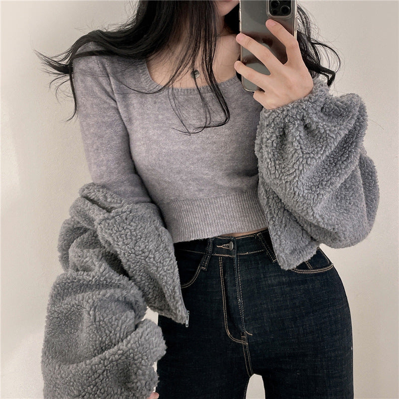 Women's Short Hoodie Sweatshirt Thickened Fleece Stand Collar Loose Fit Autumn Winter Casual Style Zipper Cardigan Coat