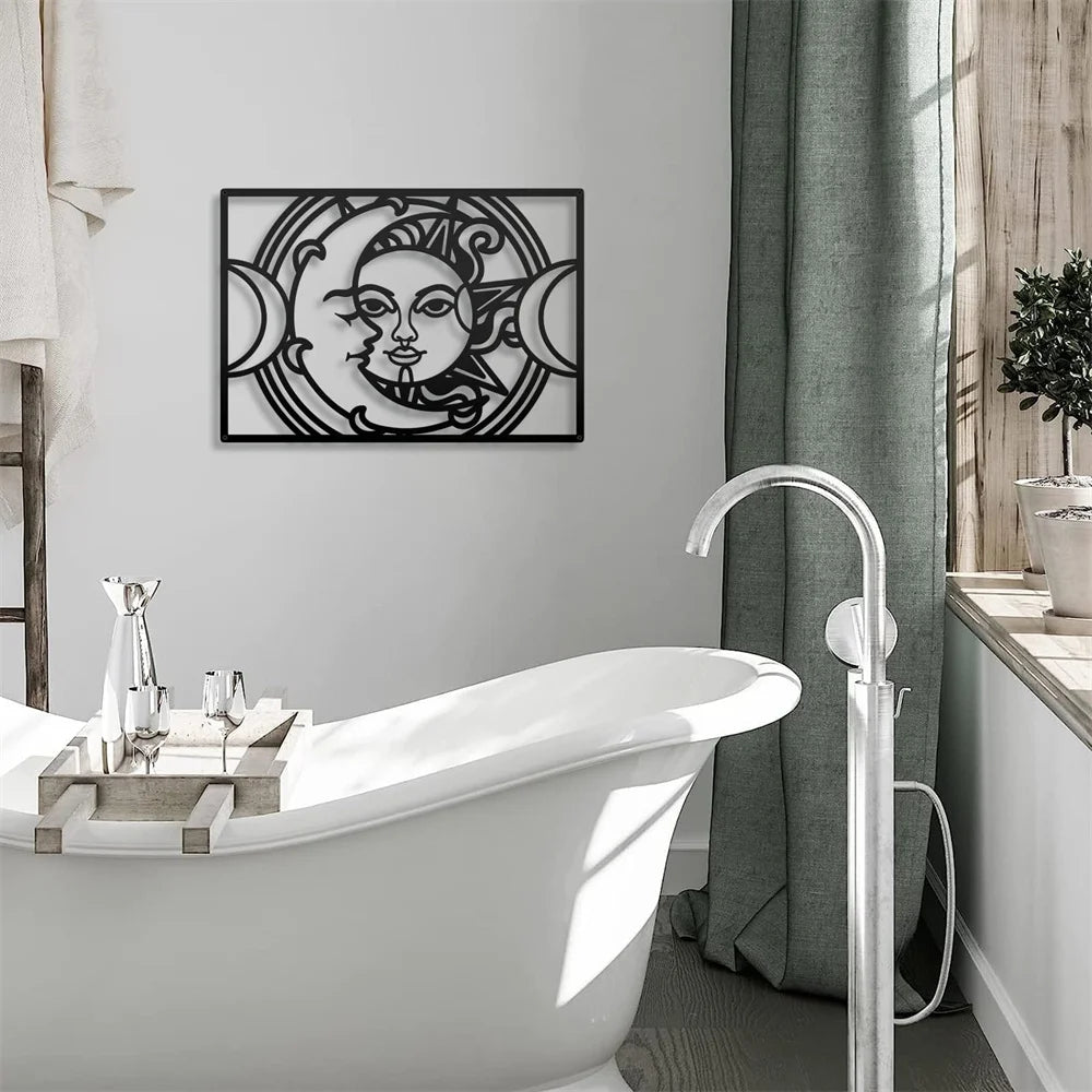 Sun Moon Star Metal Wall Art Decor Matte Black Wall Hanging Decor for Home Bedroom Living Room Bathroom Office Wall Decoration