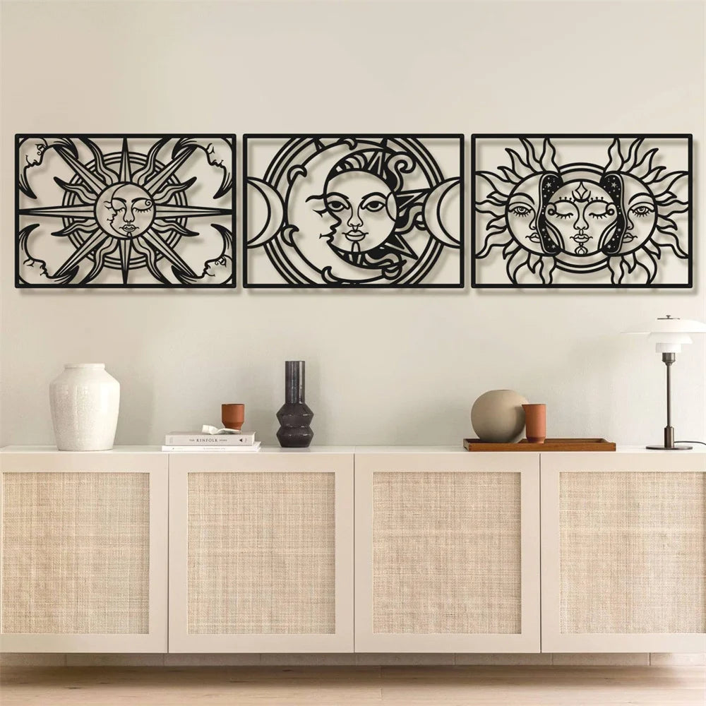 Sun Moon Star Metal Wall Art Decor Matte Black Wall Hanging Decor for Home Bedroom Living Room Bathroom Office Wall Decoration