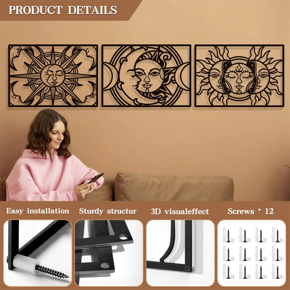 Sun Moon Star Metal Wall Art Decor Matte Black Wall Hanging Decor for Home Bedroom Living Room Bathroom Office Wall Decoration