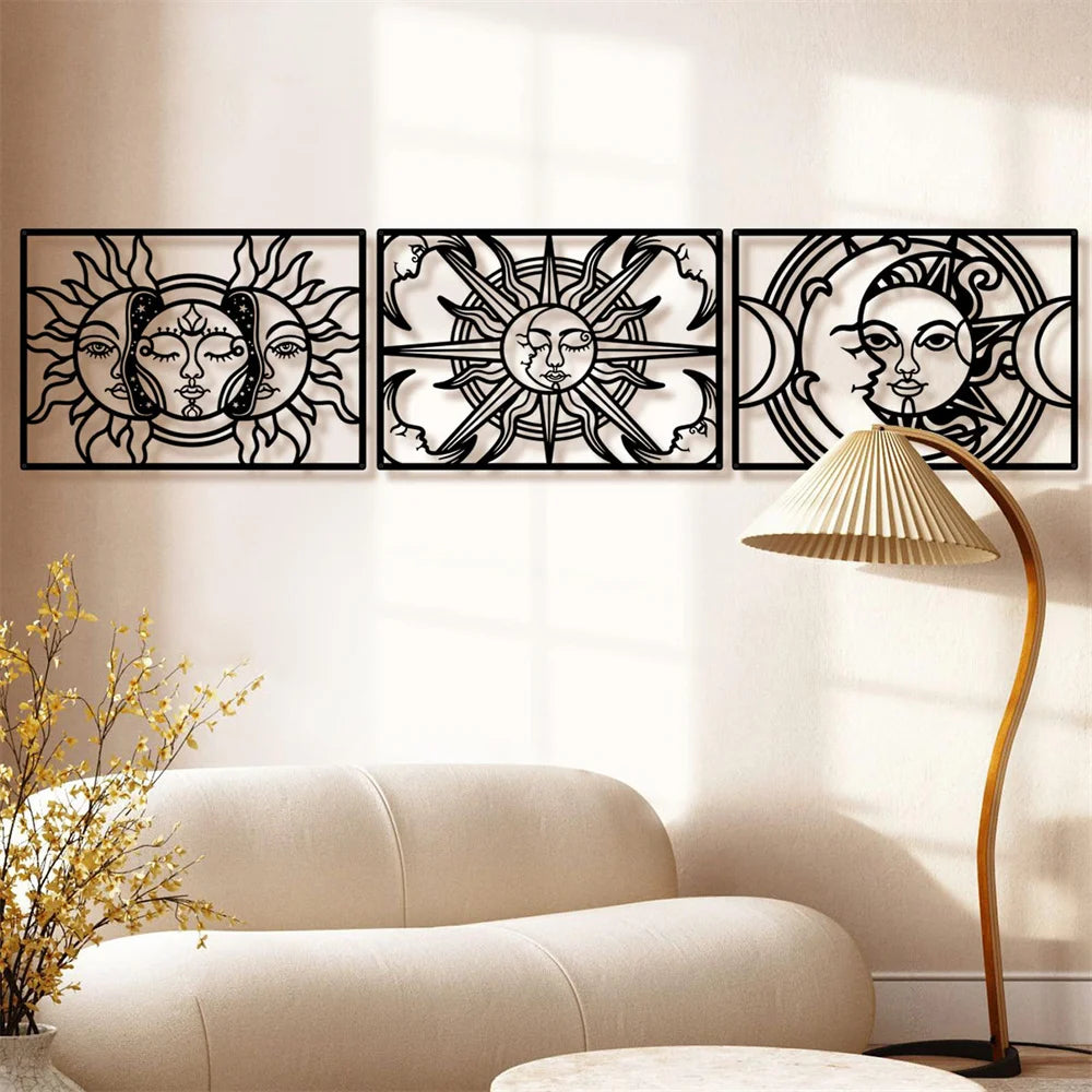 Sun Moon Star Metal Wall Art Decor Matte Black Wall Hanging Decor for Home Bedroom Living Room Bathroom Office Wall Decoration