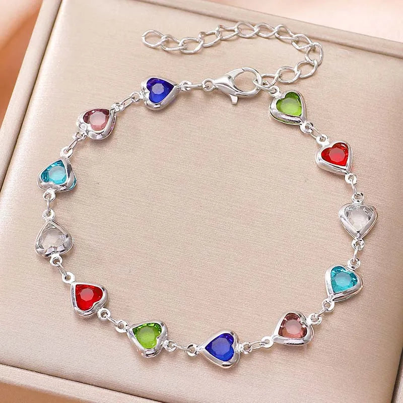 Exquisite Colored Glass Crystal Heart Bracelet for Women Romantic Zircon Metal Chain Bracelet Charm Jewelry Party Daily Birthday