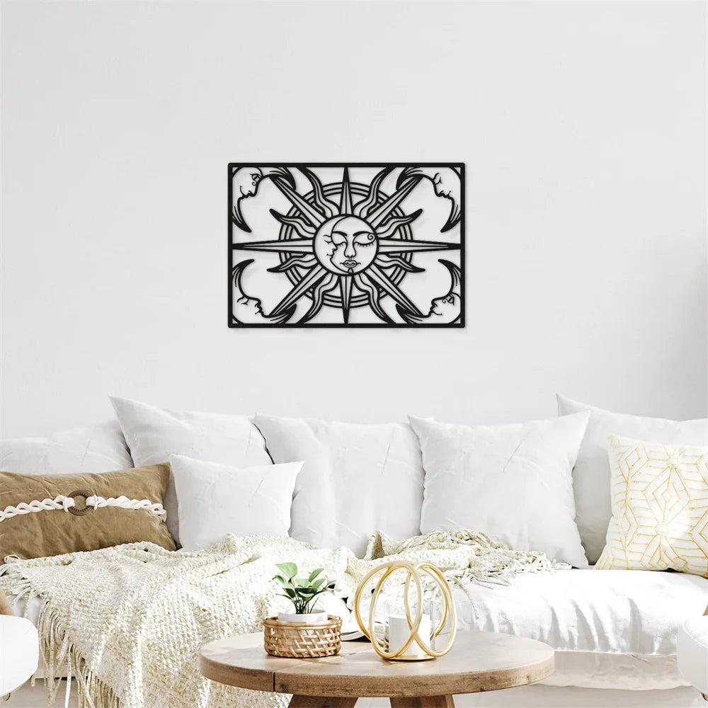 Sun Moon Star Metal Wall Art Decor Matte Black Wall Hanging Decor for Home Bedroom Living Room Bathroom Office Wall Decoration