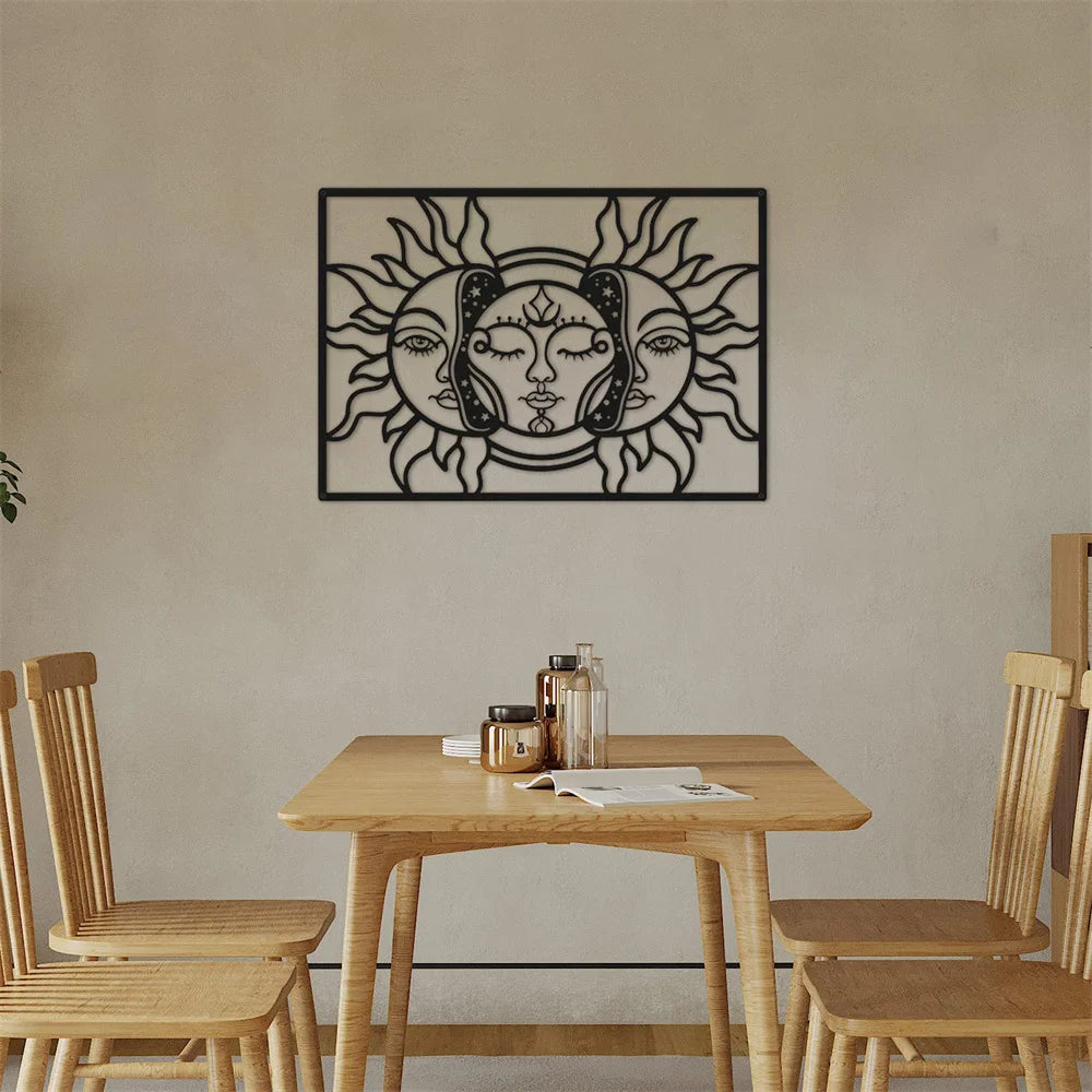 Sun Moon Star Metal Wall Art Decor Matte Black Wall Hanging Decor for Home Bedroom Living Room Bathroom Office Wall Decoration