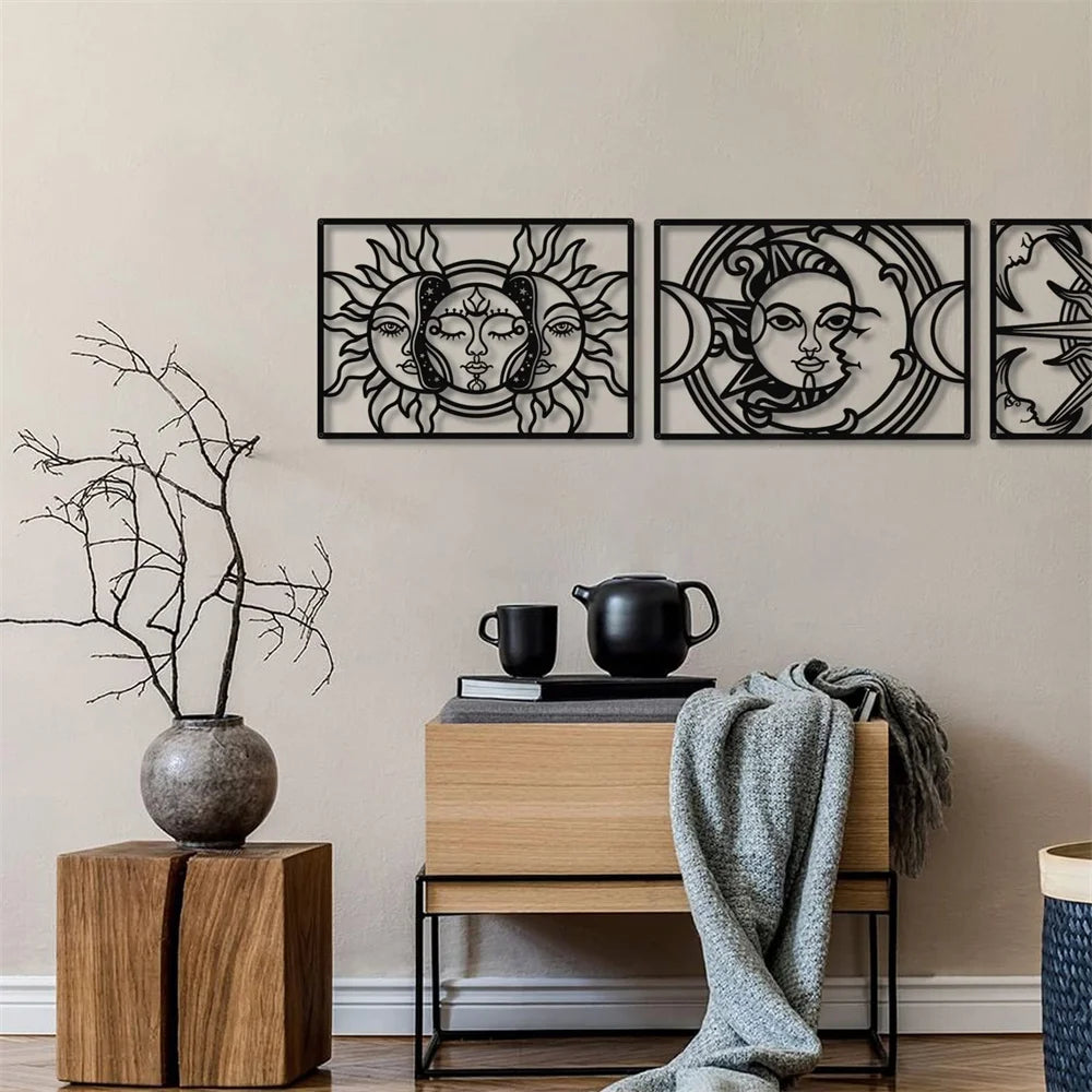 Sun Moon Star Metal Wall Art Decor Matte Black Wall Hanging Decor for Home Bedroom Living Room Bathroom Office Wall Decoration