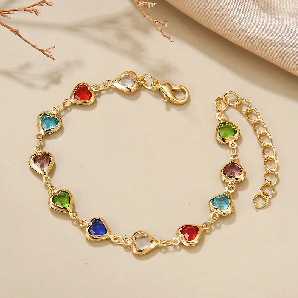 Exquisite Colored Glass Crystal Heart Bracelet for Women Romantic Zircon Metal Chain Bracelet Charm Jewelry Party Daily Birthday