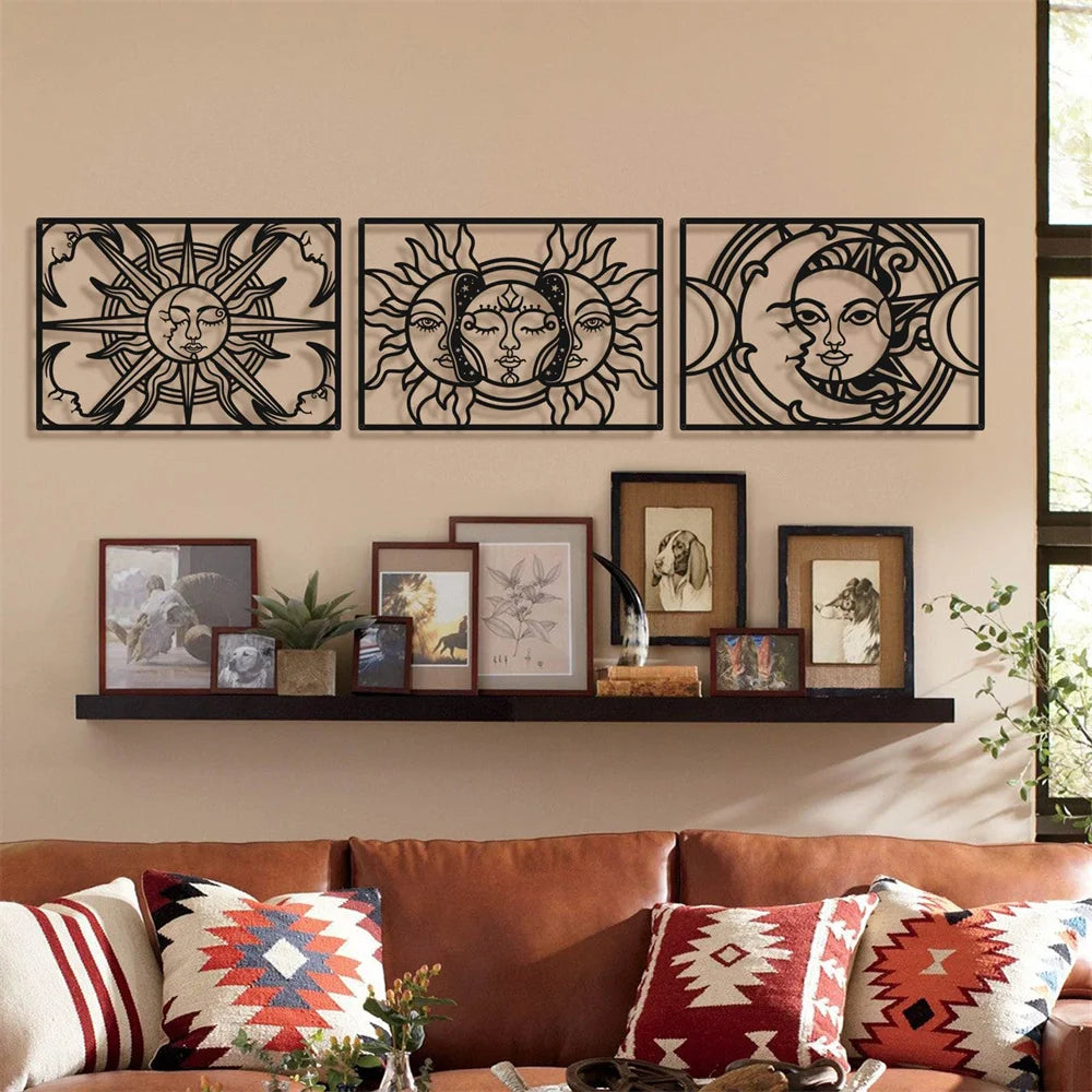 Sun Moon Star Metal Wall Art Decor Matte Black Wall Hanging Decor for Home Bedroom Living Room Bathroom Office Wall Decoration
