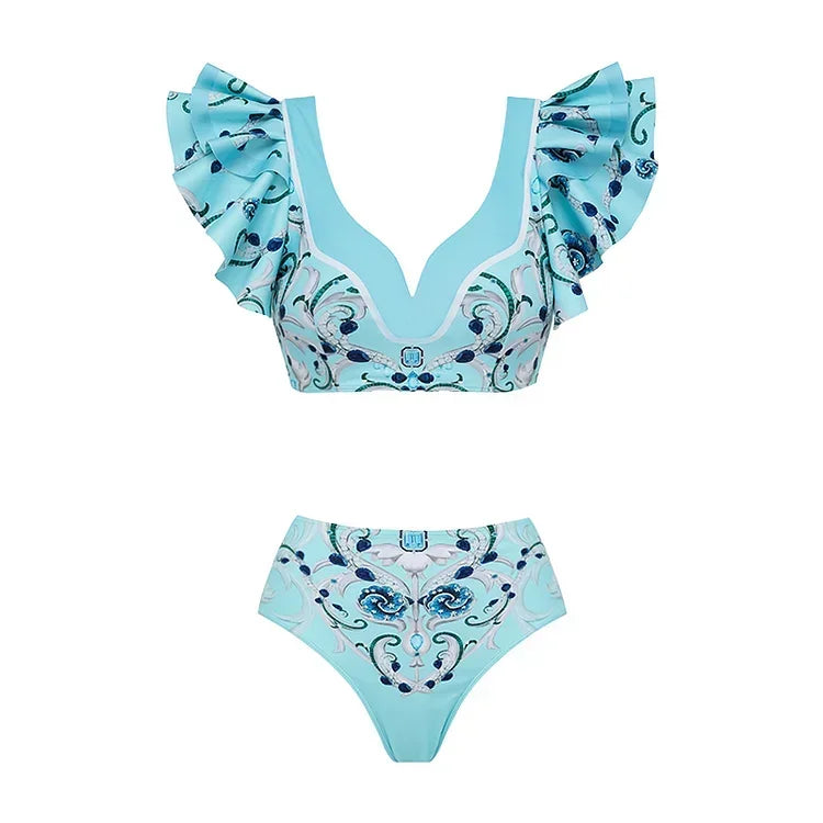 Flaxmaker Blue Jewelry Pattern Print Swimsuit and Sarong Flaxmaker  Bathing Suit two-pieces