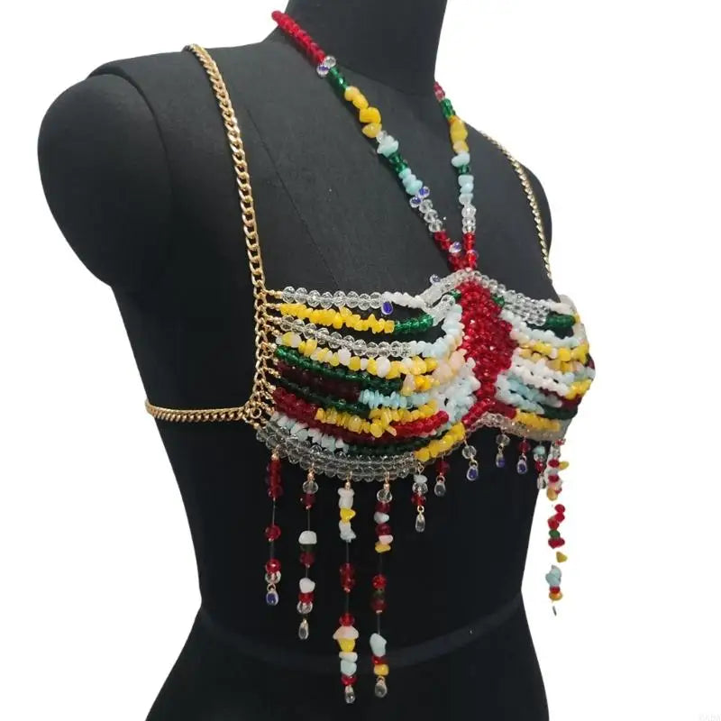 Exotic Colorful Beads Tassels Crop Top Halter Body Jewelry Chest Chain 6XDA