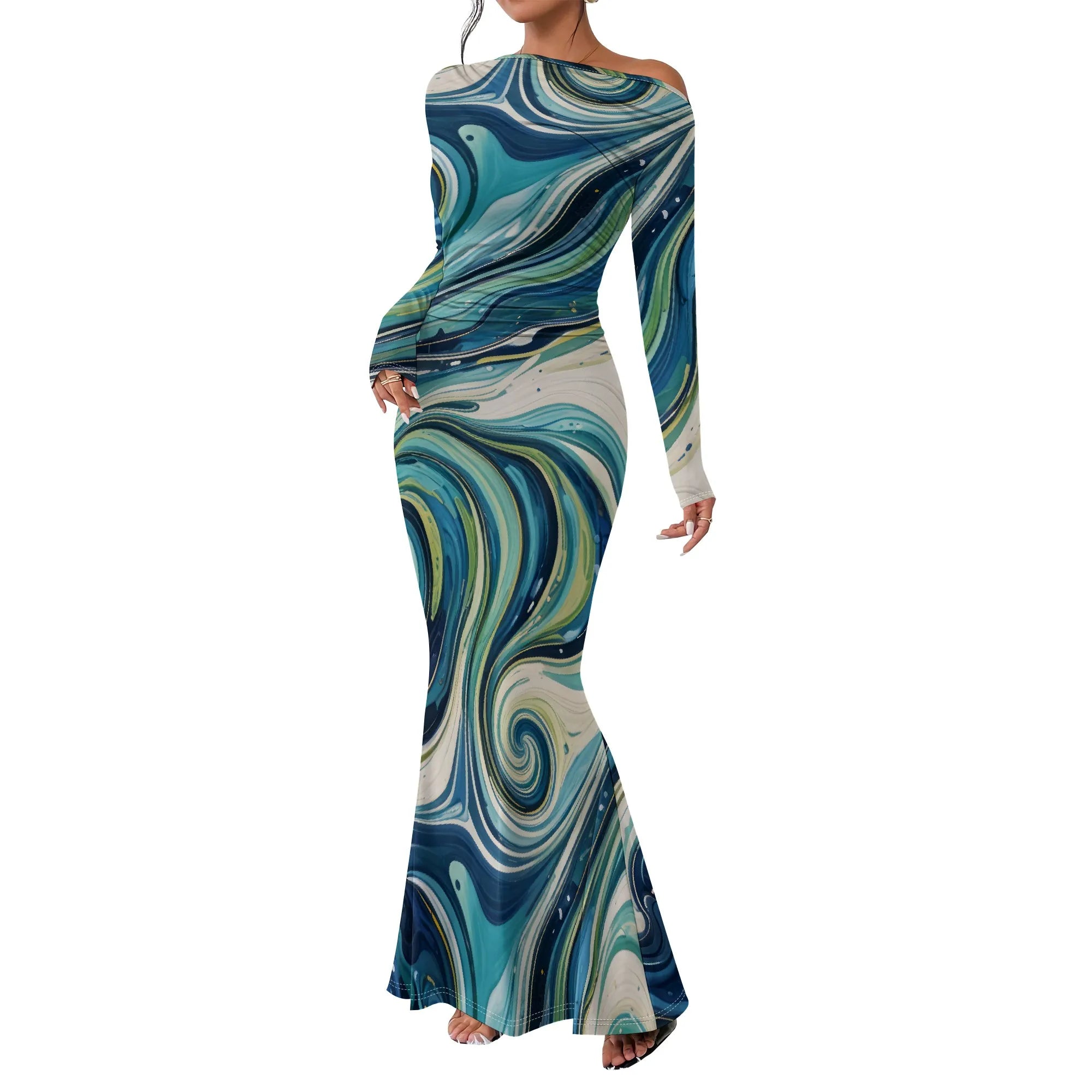 Women's  Casual Long Dresses Off Shoulder Long Sleeve Dress