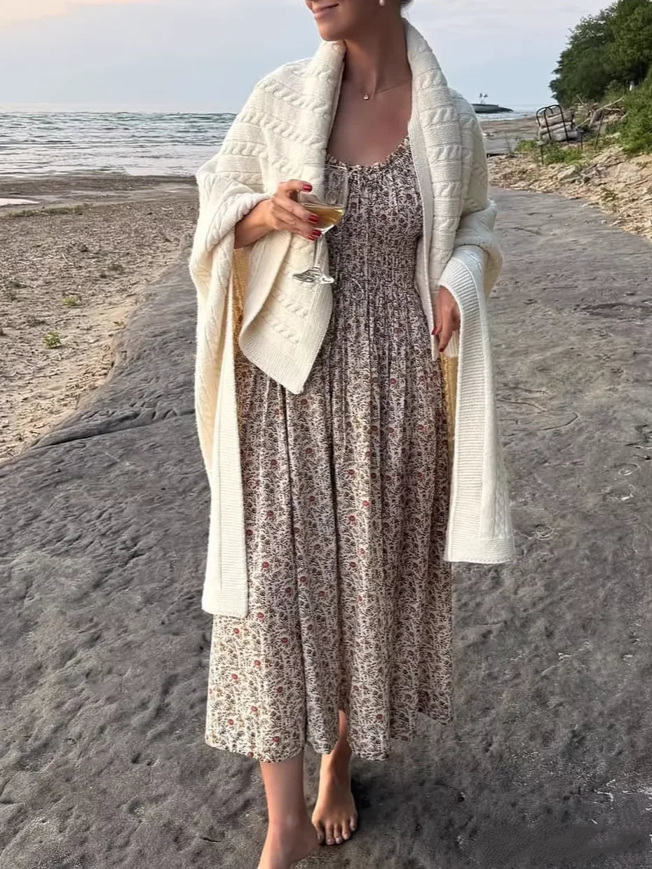 Pure Cotton Women Floral Printed Vest Dress U-Neck Sleeveless Elastic Waist Elegant Ladies Robe