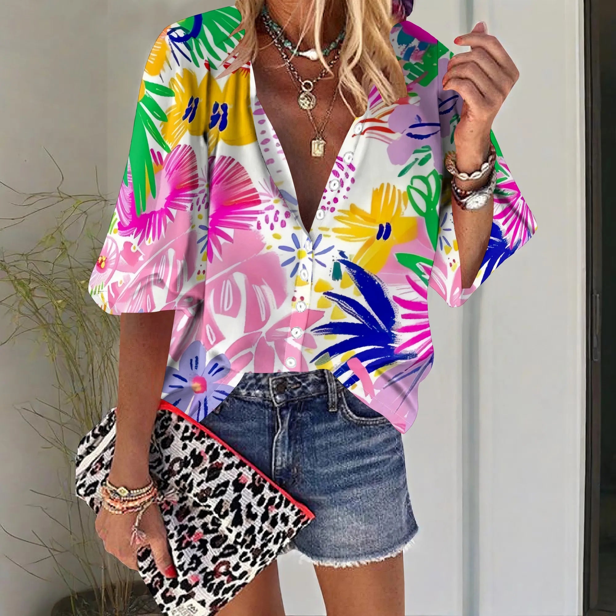 Womens Button Neon Flowers Shirt Short Sleeve