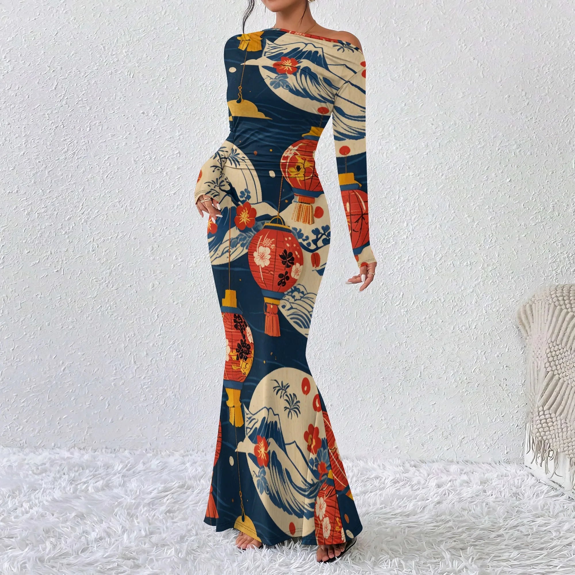 Women's  Casual Long Dresses Off Shoulder Long Sleeve Dress