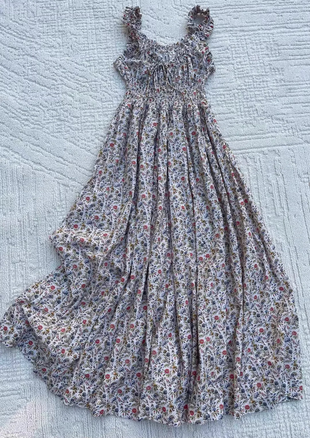 Pure Cotton Women Floral Printed Vest Dress U-Neck Sleeveless Elastic Waist Elegant Ladies Robe