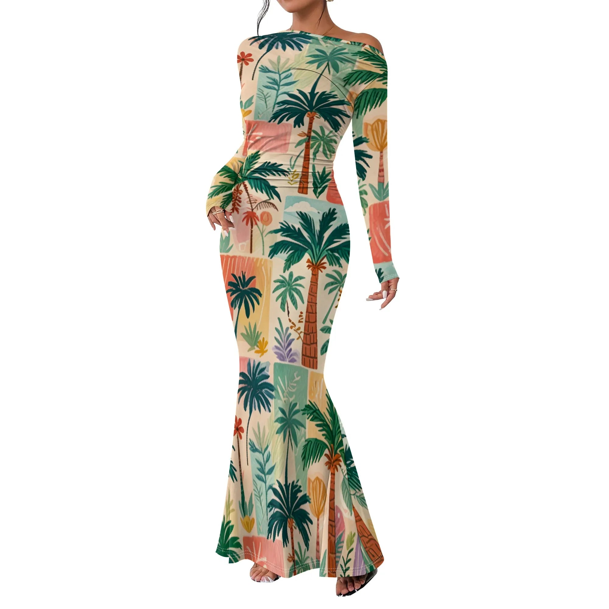 Women's  Casual Long Dresses Off Shoulder Long Sleeve Dress