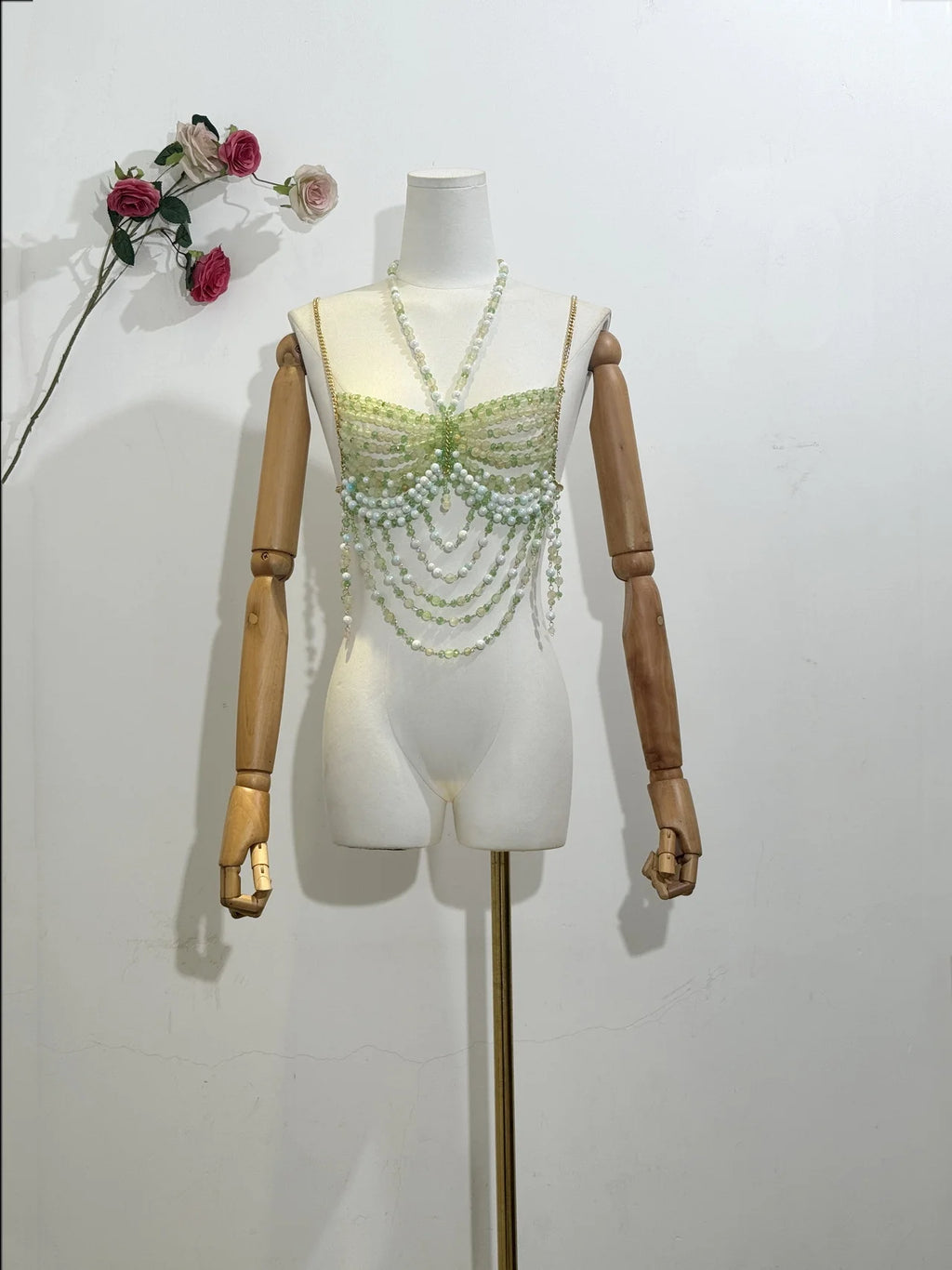 Sexy Women Handmade Body Chain Fashion Jewelry Bikini Bra Beaded Halter Romantic Tank Top Beahwear See Through Lingeie