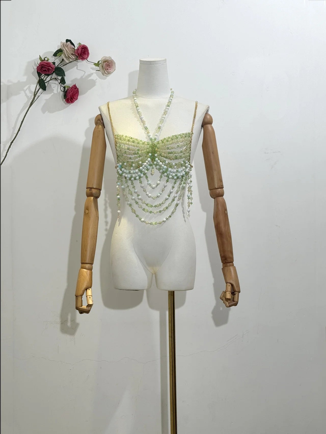 H80&S90 Sexy Women Handmade Body Chain Fashion Jewelry Bikini Bra Beaded Halter Romantic Tank Top Beahwear See Through Lingeie