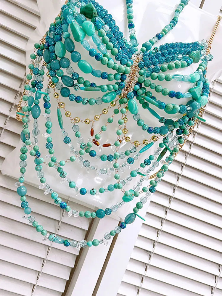 GACVGA Beading Body Chain Halter Camisole Vest Hollow Out Tank Top Body Jewelry Bustier Fashion Bra Women Beach Club Crop Top