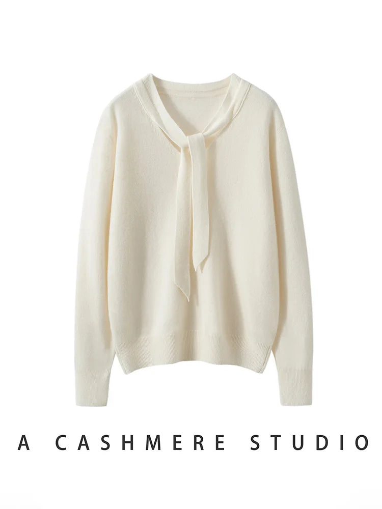 Women 100% Cashmere Sweater Ribbon V-neck Design Pullovers Autumn Winter French Retro Style Soft Knitwear Clothing Tops High-end