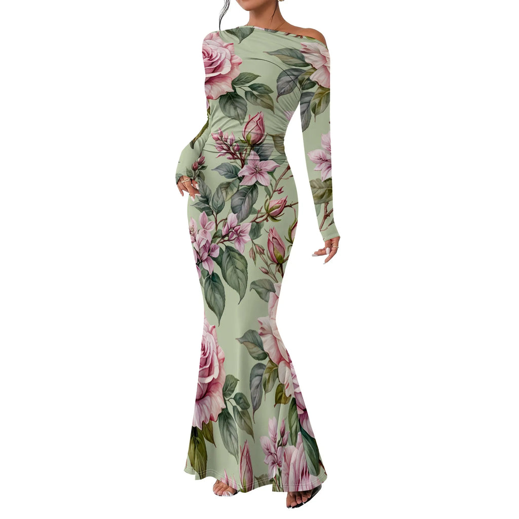 Women's  Casual Long Dresses Off Shoulder Long Sleeve Dress