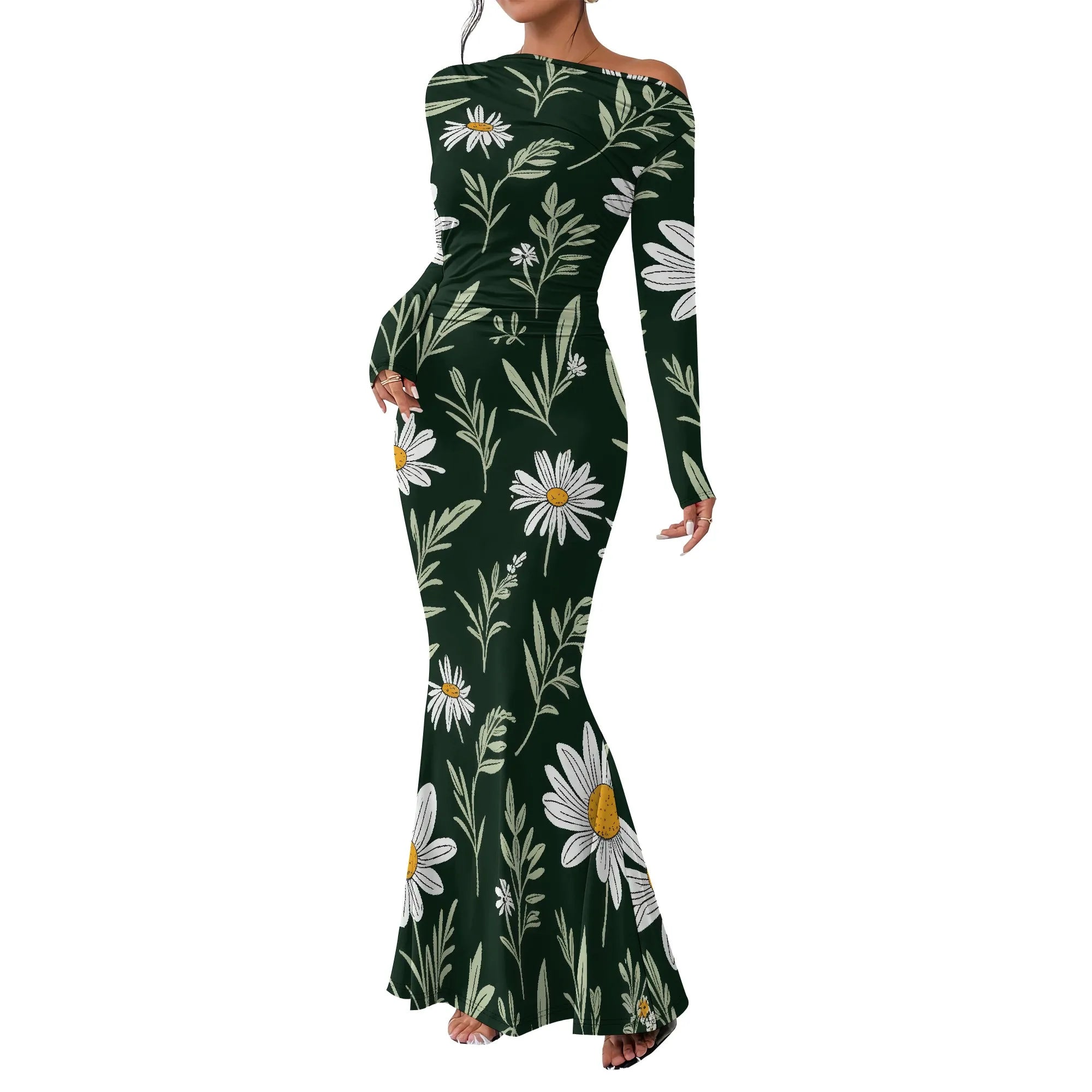 Women's  Casual Long Dresses Off Shoulder Long Sleeve Dress