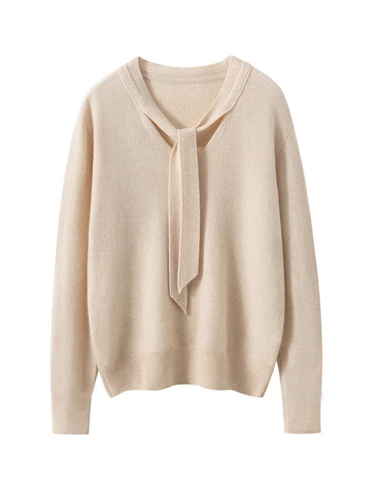 Women 100% Cashmere Sweater Ribbon V-neck Design Pullovers Autumn Winter French Retro Style Soft Knitwear Clothing Tops High-end